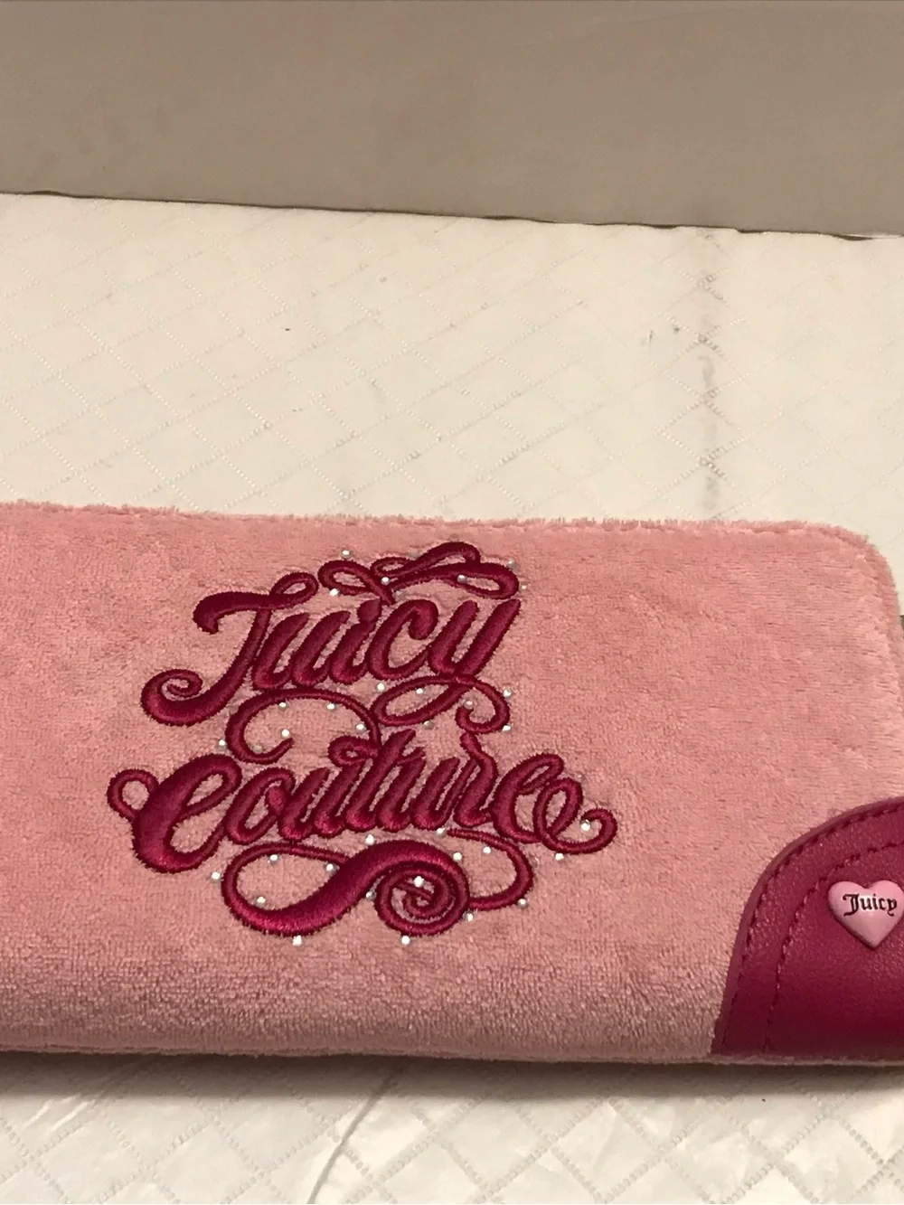 Juicy Couture Pink Velvet Logo Clutch with Magenta Embroidery